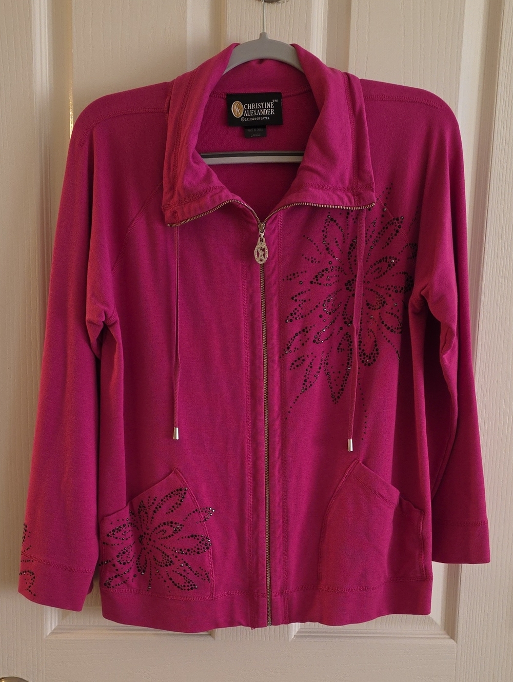 Christine Alexander Magenta Zip-Front Jacket with Rhinestone Floral Accents L